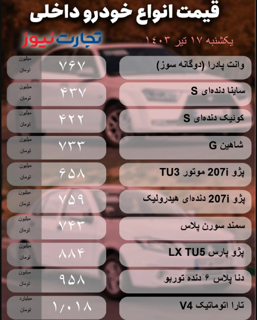 قیمت خودرو امروز یکشنبه ۱۷ تیر ۱۴۰۳ +‌ جدول