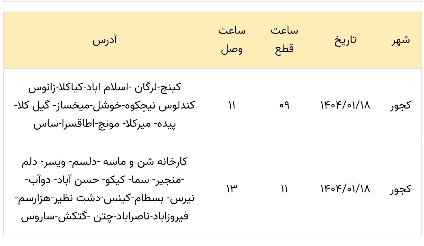 جدول خاموشی ها در سال ۱۴۰۴/ برق این مناطق قطع می‌شود