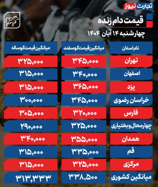 قیمت دام زنده امروز چهارشنبه 14 آبان 1404 قیمت دام زنده امروز چهارشنبه 14 آبان 1404