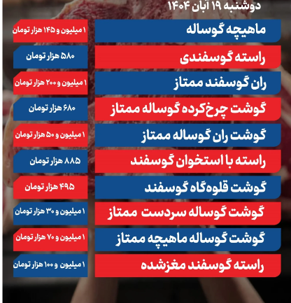 قیمت گوشت گوساله و گوسفندی امروز ۱۹ آبان 1404 + جدول قیمت گوشت گوساله و گوسفندی امروز ۱۹ آبان 1404 + جدول