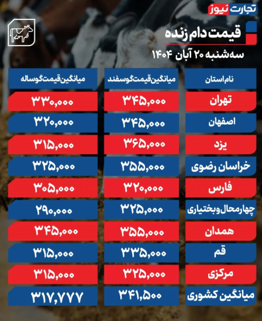 قیمت دام زنده امروز سه شنبه ۲۰ آبان 1404 / جدول