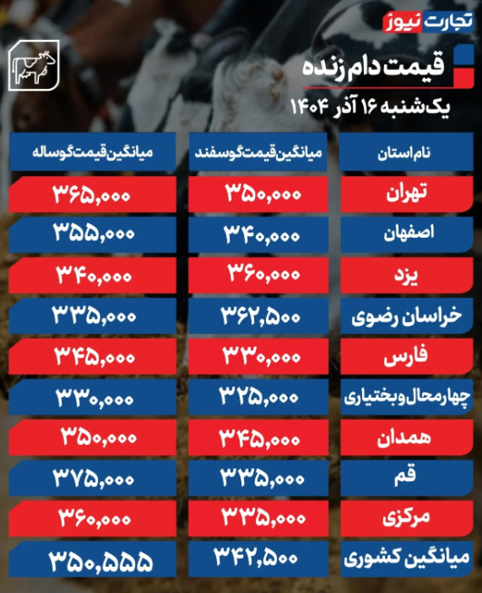 قیمت دام زنده امروز یکشنبه۱۶ آذر 1404 قیمت دام زنده امروز یکشنبه۱۶ آذر 1404