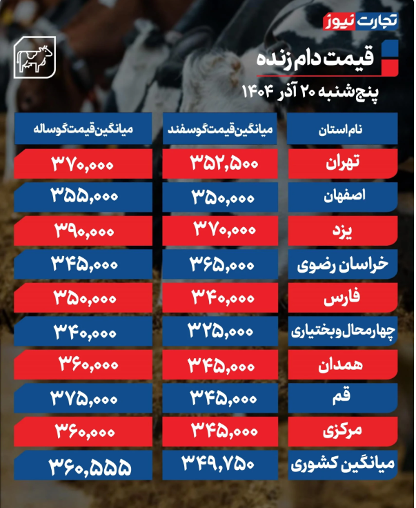 قیمت دام زنده امروز پنجشنبه ۲۰ آذر ۱۴۰۴