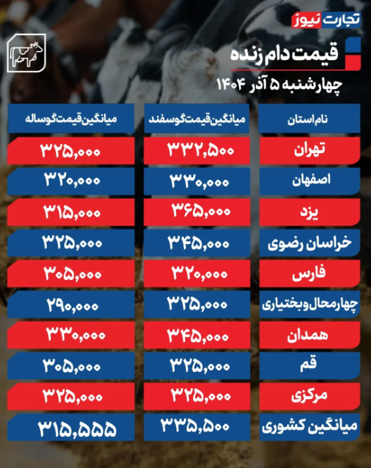 قیمت دام زنده امروز چهارشنبه ۵ آذر 1404