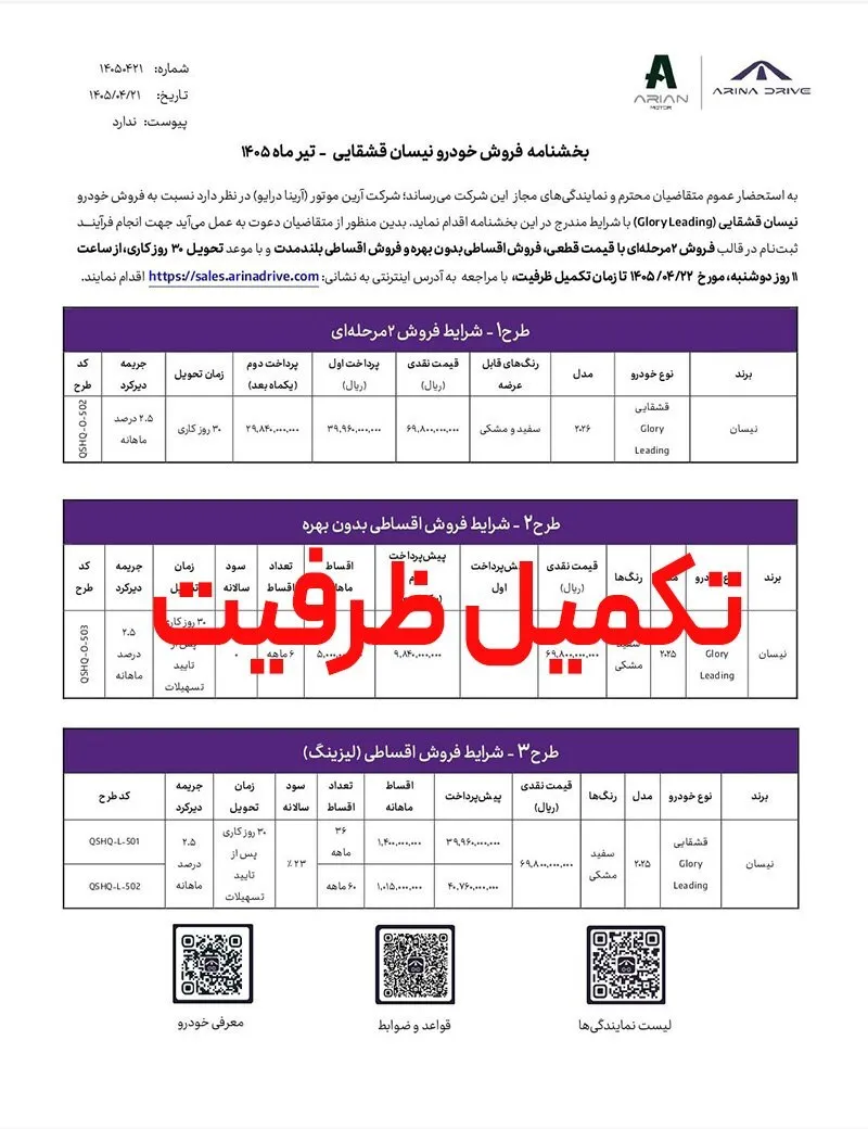 تکمیل ظرفیت فروش اقساطی بدون بهره نیسان قشقایی تکمیل ظرفیت فروش اقساطی بدون بهره نیسان قشقایی