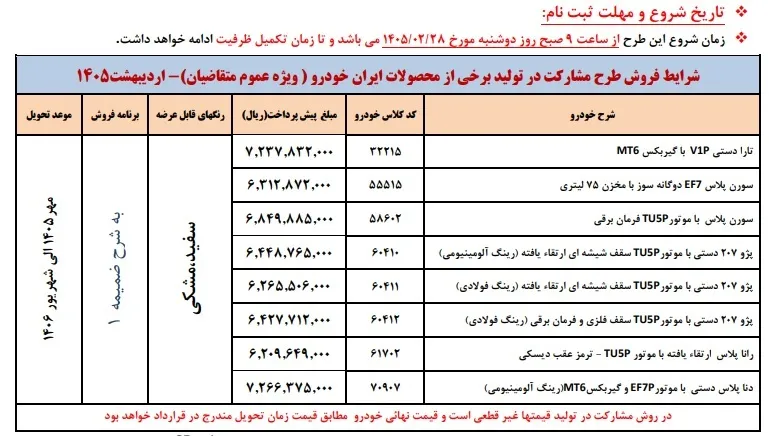 شرایط ثبت‌نام پیش‌فروش بدون قرعه‌کشی ایران‌خودرو ویژه متقاضیان عادی اردیبهشت ۱۴۰۵ / جزئیات ثبت‌نام تارا، رانا، دنا، سورن پلاس و پژو ۲۰۷ + لینک